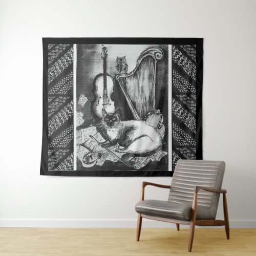 MUSICAL CATOWLVIOLIN AND HARP Black White Music Tapestry