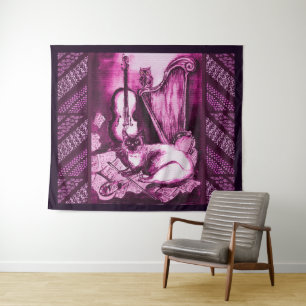 MUSICAL CAT,OWL,VIOLIN AND HARP Pink Purple Music Tapestry