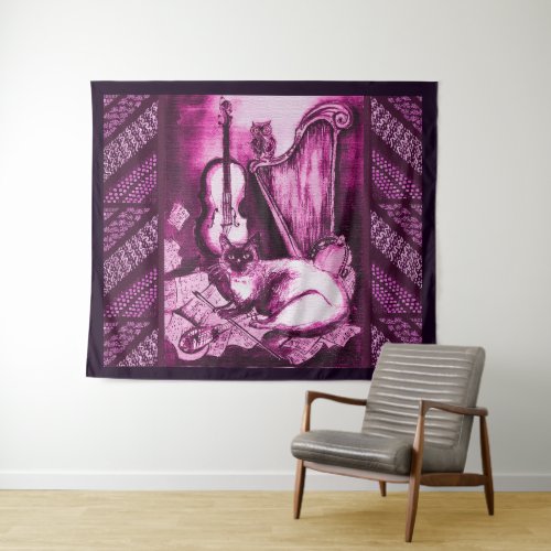 MUSICAL CATOWLVIOLIN AND HARP Pink Purple Music Tapestry