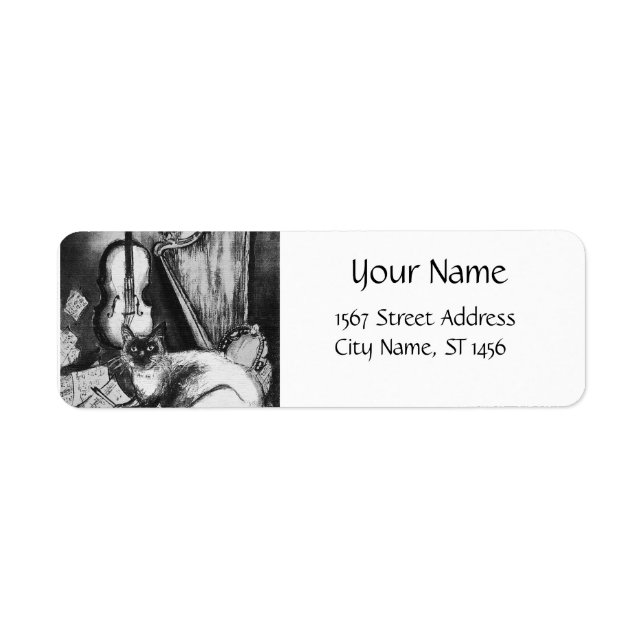 MUSICAL CAT,OWL,VIOLIN,HARP Black White Gray Music Label (Front)