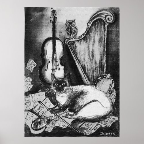 MUSICAL CATOWLVIOLINHARP Black White Gray Music Poster