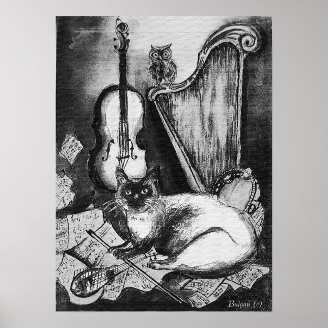 MUSICAL CAT,OWL,VIOLIN,HARP Black White Gray Music Poster (Front)