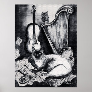 MUSICAL CAT,OWL,VIOLIN,HARP Black White Gray Music Poster