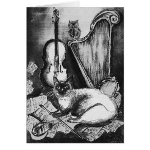 MUSICAL CAT,OWL,VIOLIN,HARP Black White Grey Music
