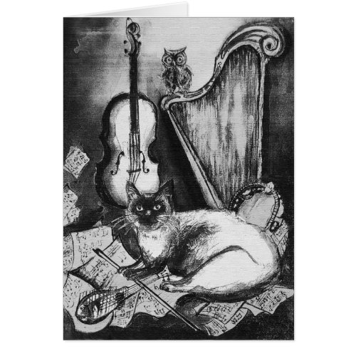 MUSICAL CATOWLVIOLINHARP Black White Grey Music