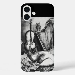 MUSICAL CAT,OWL,VIOLIN,HARP Black White Grey Music iPhone 16 Plus Case
