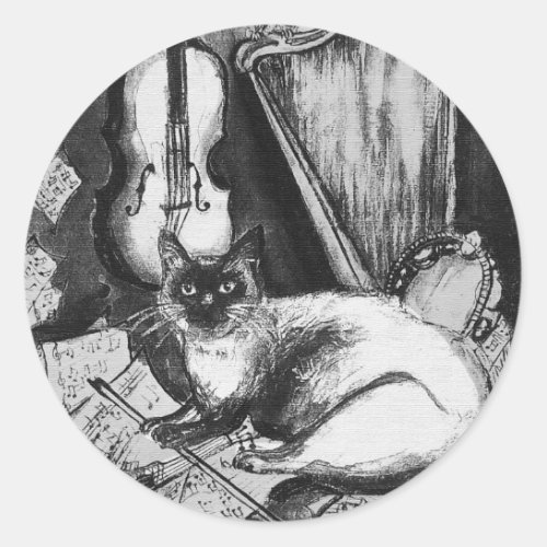 MUSICAL CATOWLVIOLINHARP Black White Grey Music Classic Round Sticker