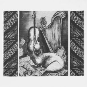 MUSICAL CAT,OWL,VIOLIN,HARP Black White Grey Music Fleece Blanket