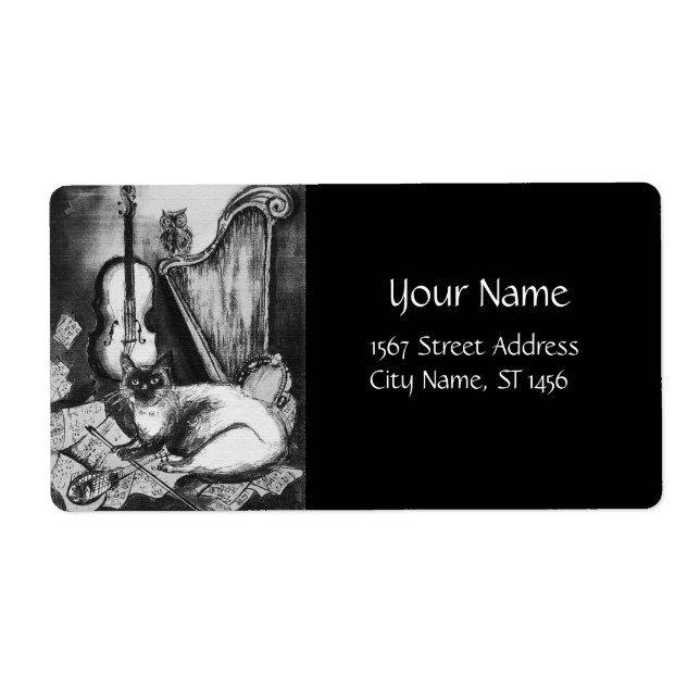 MUSICAL CAT,OWL,VIOLIN,HARP Black White Grey Music Label (Front)