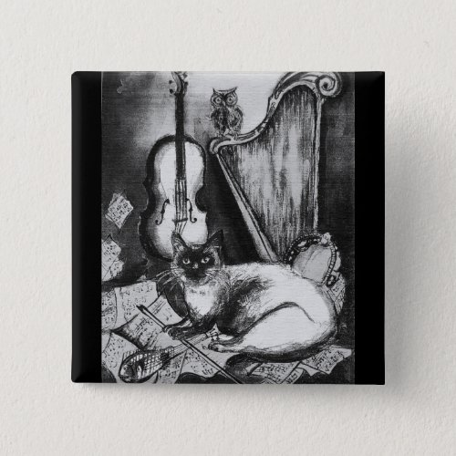 MUSICAL CATOWLVIOLINHARP Black White Grey Music Pinback Button