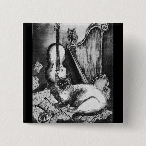 MUSICAL CATOWLVIOLINHARP Black White Grey Music Pinback Button