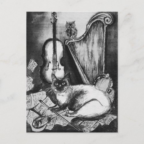 MUSICAL CATOWLVIOLINHARP Black White Grey Music Postcard