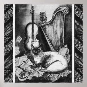 MUSICAL CAT,OWL,VIOLIN,HARP Black White Grey Music Poster