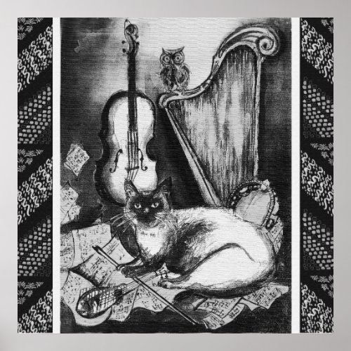 MUSICAL CATOWLVIOLINHARP Black White Grey Music Poster