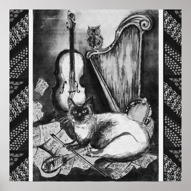 MUSICAL CAT,OWL,VIOLIN,HARP Black White Grey Music Poster (Front)