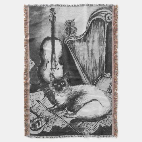 MUSICAL CATOWLVIOLINHARP Black White Grey Music Throw Blanket