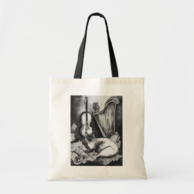 MUSICAL CAT,OWL,VIOLIN,HARP Black White Grey Music Tote Bag (Front)
