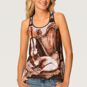 MUSICAL CAT,OWL,VIOLIN,HARP Brown White Music Tank Top