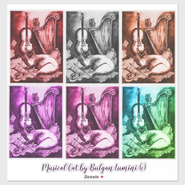 MUSICAL CAT,OWL,VIOLIN,HARP Monochrome Music Sticker (Sheet)