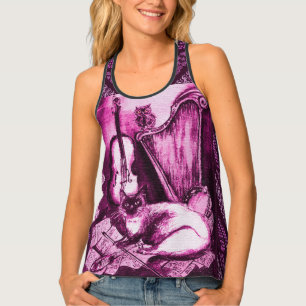 MUSICAL CAT,OWL,VIOLIN,HARP Pink Purple White Tank Top