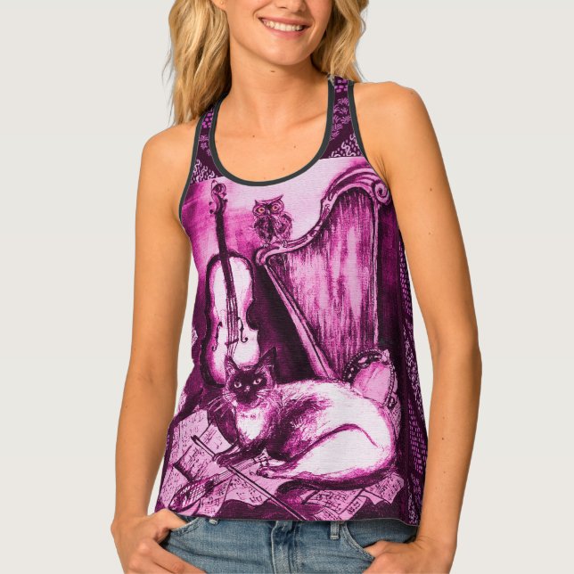 MUSICAL CAT,OWL,VIOLIN,HARP Pink Purple White Tank Top (Front)