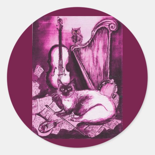 MUSICAL CAT  Pink Fuchsia Purple  and White Classic Round Sticker