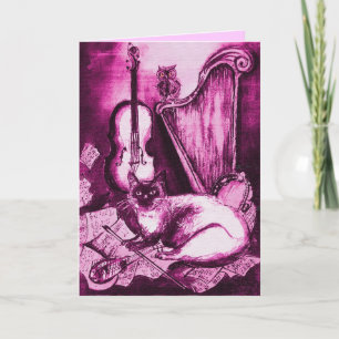 MUSICAL CAT ,Pink Fuchsia White Holiday Card
