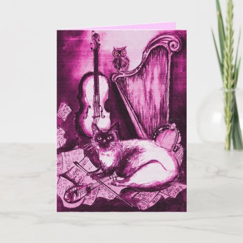 MUSICAL CAT Pink Fuchsia White Holiday Card