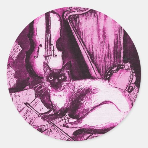 MUSICAL CAT Pink Purple Fuchsia and White Classic Round Sticker