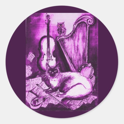 MUSICAL CAT Pink Purple Violet and White Classic Round Sticker