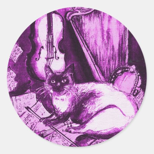 MUSICAL CAT Pink Purple Violet and White Classic Round Sticker