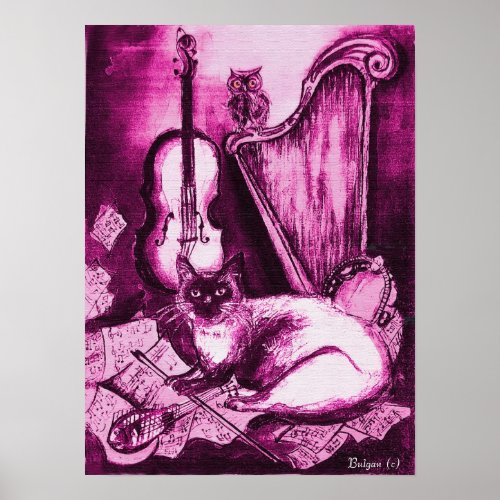 MUSICAL CAT PInk Violet and White Poster