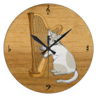 Musical Cat Plays the Harp Large Clock