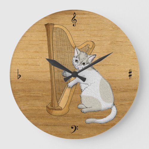 Musical Cat Plays the Harp Large Clock