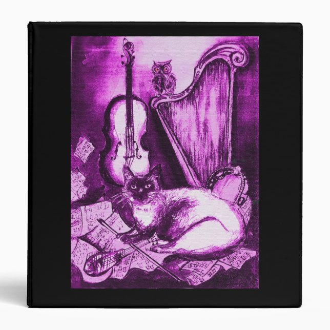 MUSICAL CAT ,Purple and White, Black 3 Ring Binder (Front)