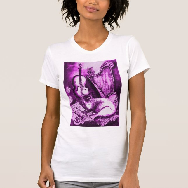 MUSICAL CAT , Purple Violet  and White T-Shirt (Front)