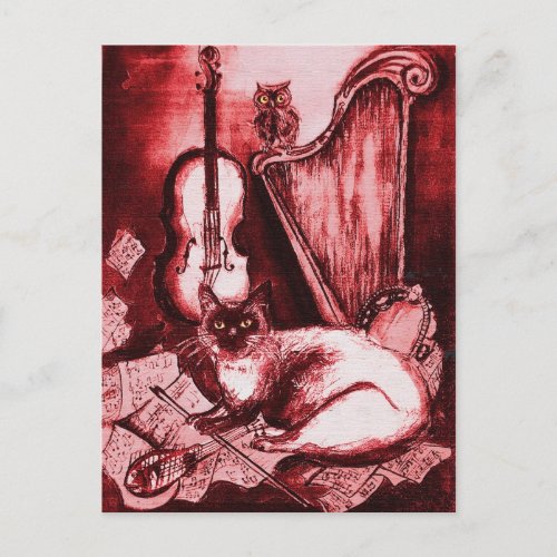 MUSICAL CAT Red and White Postcard