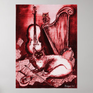 MUSICAL CAT ,Red and White Poster
