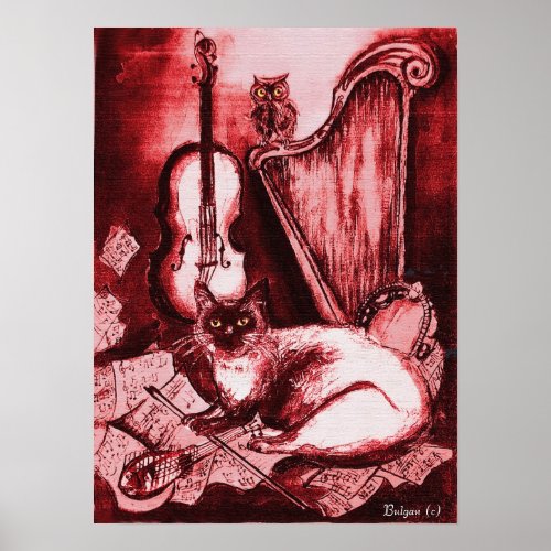 MUSICAL CAT Red and White Poster