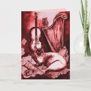 MUSICAL CAT ,Red Pink and White Holiday Card