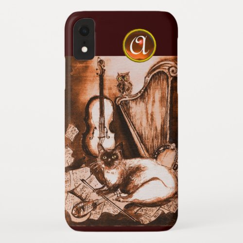 MUSICAL CAT WITH OWL IN BROWN SEPIA  GEM MONOGRAM iPhone XR CASE
