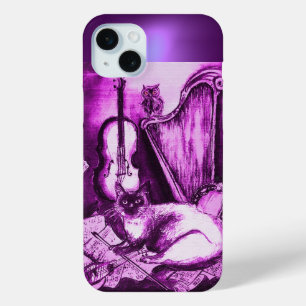 MUSICAL CAT WITH OWL IN PINK PURPLE GEM iPhone 15 PLUS CASE