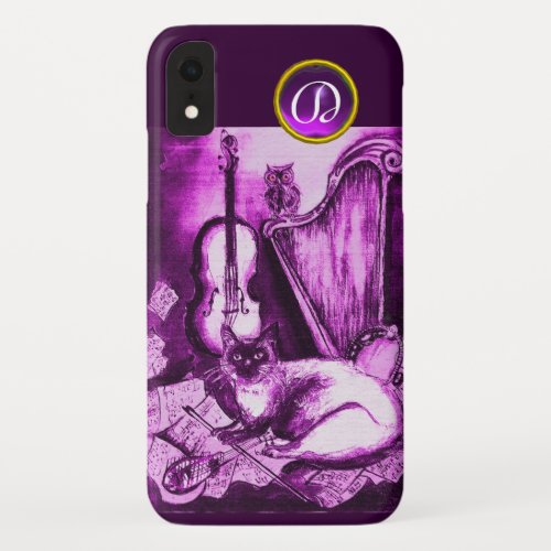 MUSICAL CAT WITH OWL IN PINK PURPLE GEM MONOGRAM iPhone XR CASE