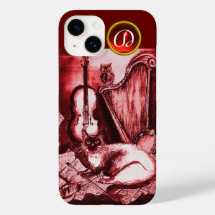 MUSICAL CAT WITH OWL IN RED RUBY GEM MONOGRAM Case-Mate iPhone 14 CASE