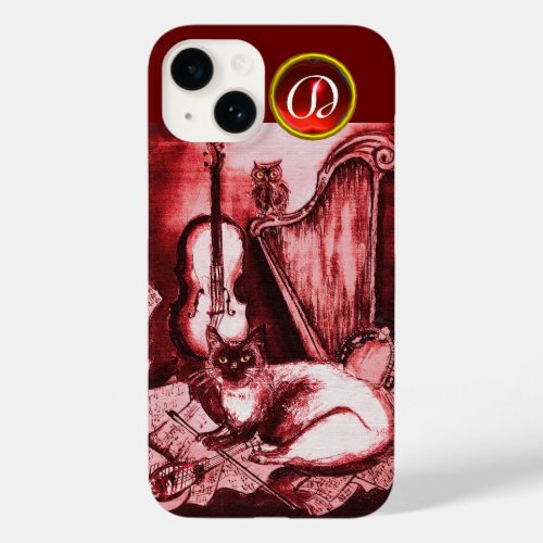 MUSICAL CAT WITH OWL IN RED RUBY GEM MONOGRAM Case_Mate iPhone 14 CASE
