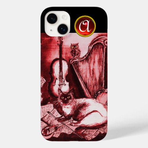 MUSICAL CAT WITH OWL IN RED RUBY GEM MONOGRAM Case_Mate iPhone 14 PLUS CASE
