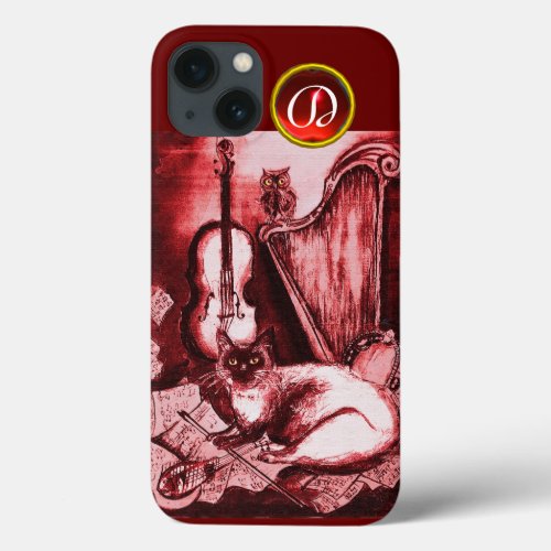 MUSICAL CAT WITH OWL IN RED RUBY GEM MONOGRAM iPhone 13 CASE