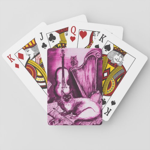 MUSICAL CAT WITH OWL PinkPurpleViolet White Playing Cards