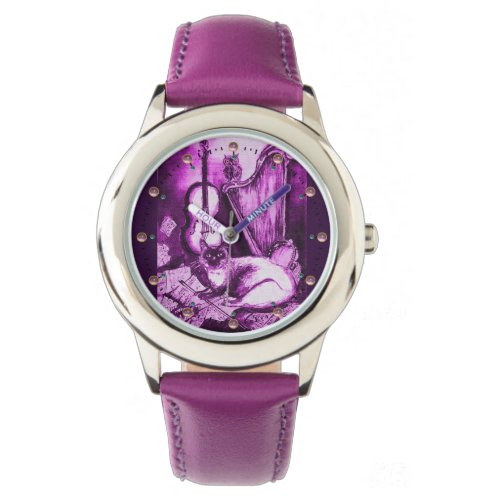 MUSICAL CAT WITH OWL Purple White Watch