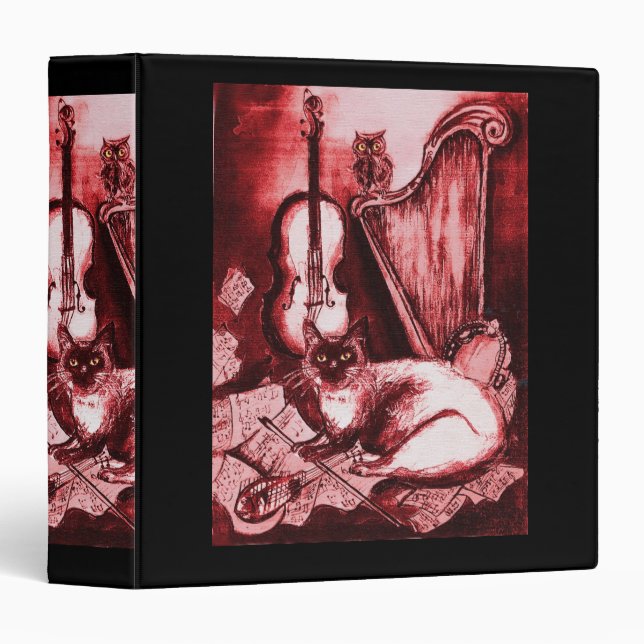 MUSICAL CAT WITH OWL ,Red ,White Black 3 Ring Binder (Front/Spine)